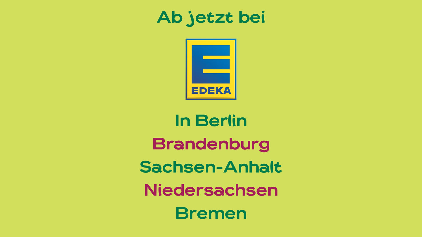 Aufzählung der Regionen in denen es die Produkte bei Edeka gibt (Berlin, Brandenburg, Sachsen-Anhalt, Niedersachsen, Bremen)